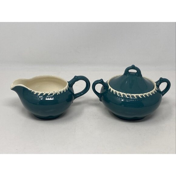 Harker Corinthian Dark Teal Green Sugar  Creamer Gadroon Edge Vintage Harkerware - Picture 1 of 12